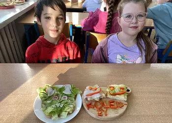 Śniadanie daje moc w klasie 3 - Bruno i Alicja prezentują wykonane kanapki