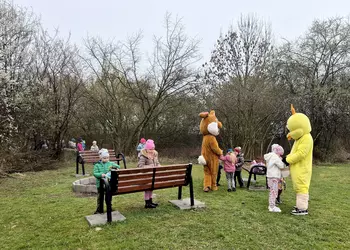 Dzieci z koszyczkami szukają słodkości od Zajączka.